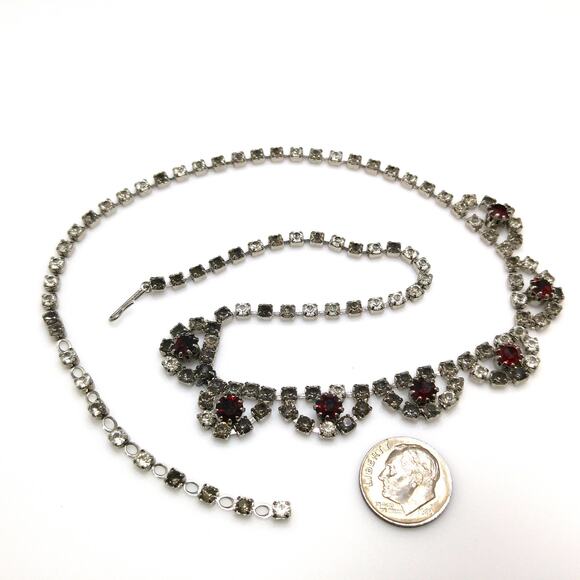 Vintage 1960s Rhinestone Choker Necklace, Rhodium Plated, Red Gray Clear Stones - Picture 8 of 10